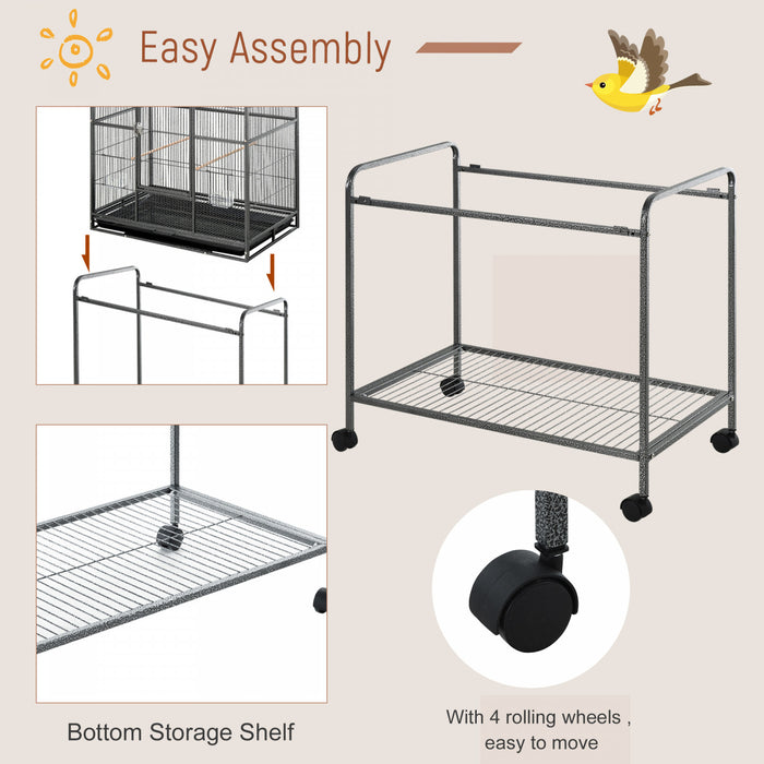 Pawhut 64\" Large Bird Cage, Rolling Metal Parrot Cage, Bird House With Detachable Rolling Stand, Storage Shelf, Wood Perch, Food Container
