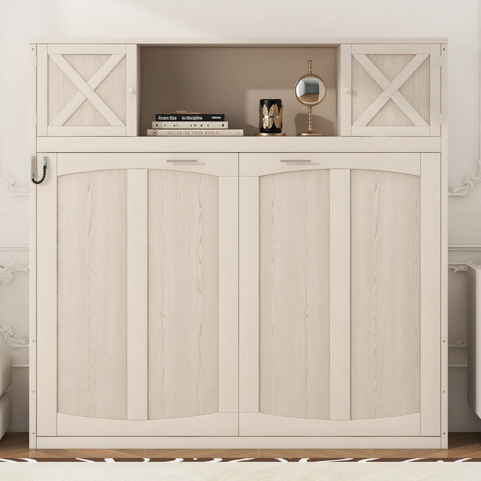 Ethan Solid Wood Murphy Bed with Storage Cabinets,Full Size,Beige Full Bed