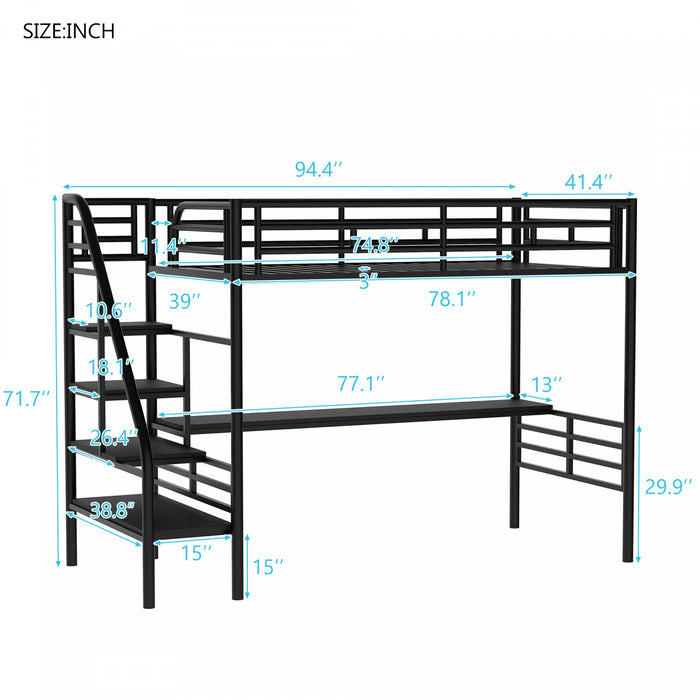 Cherry Twin Loft Space-saving Metal Bed With Desk, Led Light, Black
