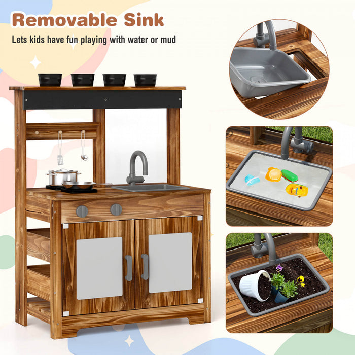 Costway Kids Mud Kitchen Set With Removable Sink Faucet Dual Stoves 4 Planting Pots