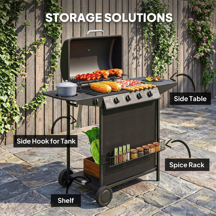 Outsunny 4+1 Burner Propane Gas BBQ Grill with Side Burner, Portable Gas Barbecue Grill featuring Thermometer, Lid, Side Table, Shelf, Spice Rack, Wheels, Grease Cup for Garden, Black