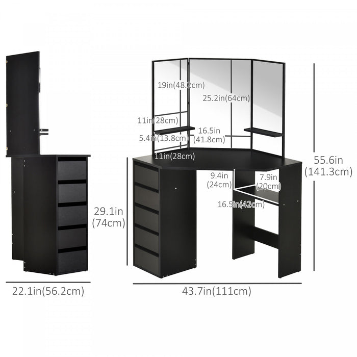 HOMCOM Corner Vanity Table, Makeup Desk with 3-piece Mirror and 5 Drawers