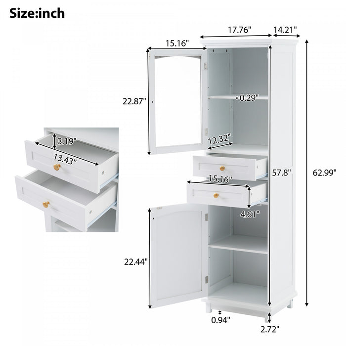 Jamie 63\" Pine Wood Tall Bathroom Storage Cabinet With Adjustable Shelves And Glass Doors - White