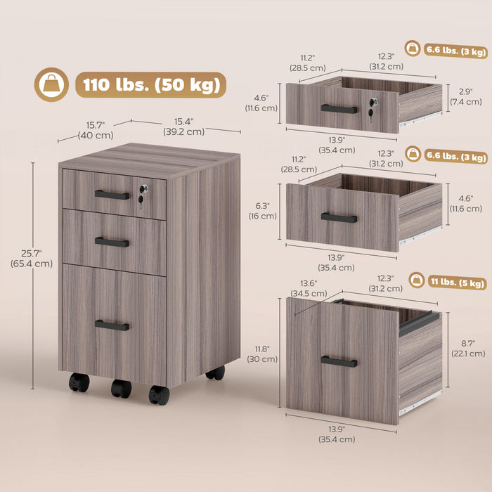 HOMCOM 3 Drawer File Cabinet with Hanging Bars for Letter A4 Size, Grey