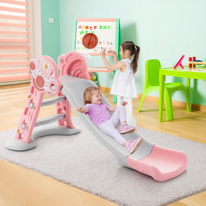 Costway 3-in-1 Kids Indoor Slide With Basketball Hoop & Basketball, Safe Buffer Zone Pink