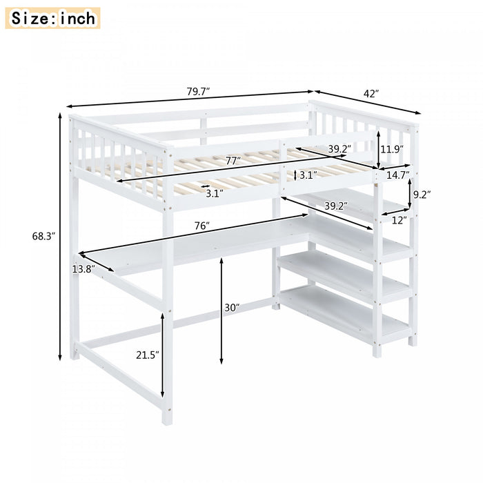 Victoria Twin Loft Solid Wood Bed With Desk, Storage Shelves, Led Light, White