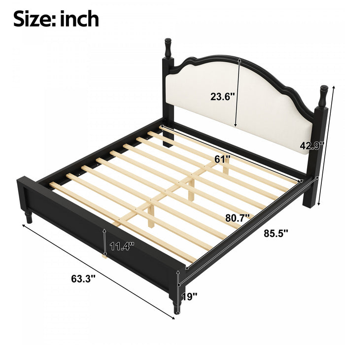 Miles Queen Size Wood Platform Bed with Curved Upholstered Headboard, Black