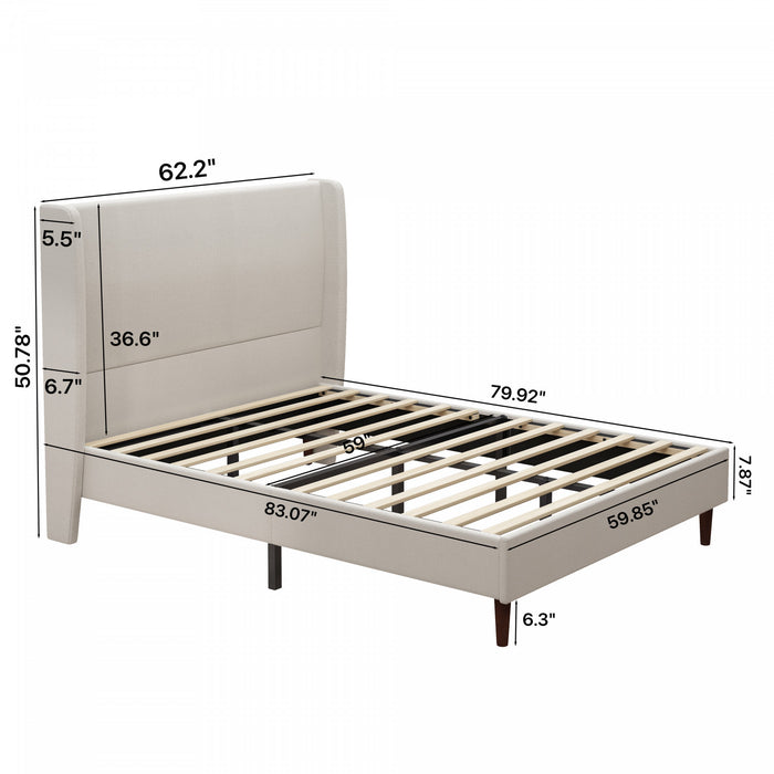 Harper Upholstered Queen Bed Frame with High Headboard, Chenille Fabric - Beige