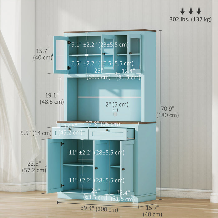 HOMCOM 71\" Pantry Cabinet w/ Microwave Space Buffet w/ Hutch Blue