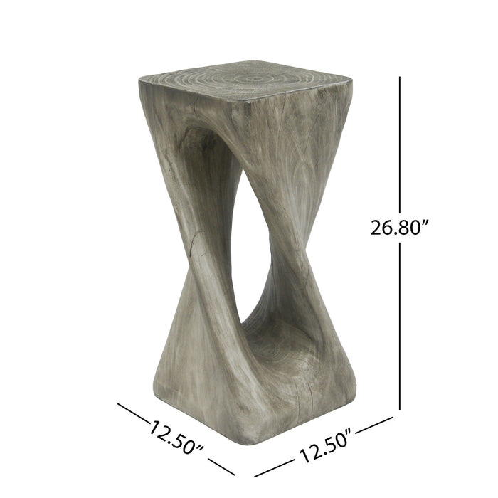 Cade 26.80\" Twisted Square MGO Accent Table, Unique Natural Wood Grain Indoor Side Table, Grey