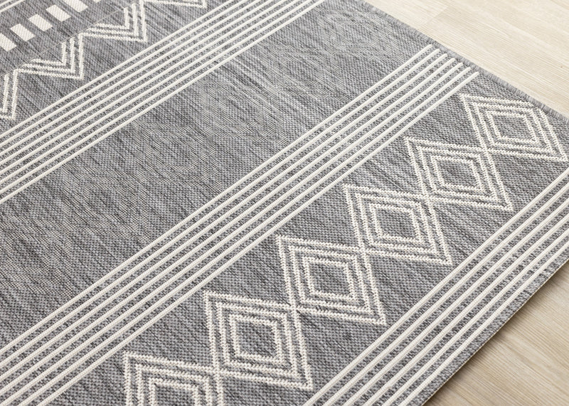 Jackson Grey White Patterned Rows Rug, 5'3\" x 7'7\" Outdoor Area Rug