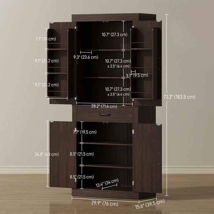 72\" Kitchen Pantry Cabinet, Kitchen Storage Cabinet with Barn Doors, Brown