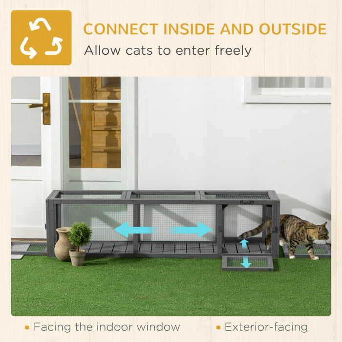 Pawhut 59\" Long Cat Tunnel, Cat Shelter L- Shape With Extendable Design, Cat Enclosure For Indoor/outdoor Use With Weather Protection, Removable Door, Lead Grey