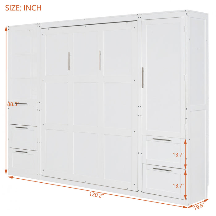 Angela Engineered Wood Murphy Wall Bed With Drawers And Shelves, Queen Size, White