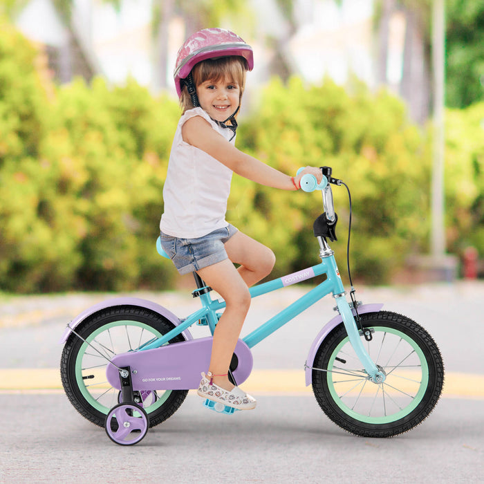 Costway 14\" Kids Bike With Adjustable Saddle Handlebar Removable Training Wheels Handbrake Blue