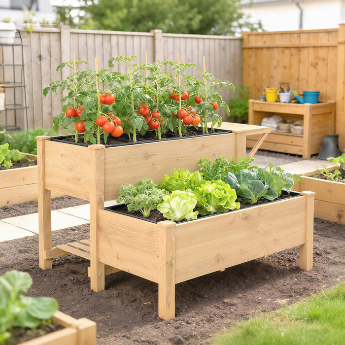Outsunny Wooden Raised Garden Bed, 2-Tier Raised Planter with Shelf