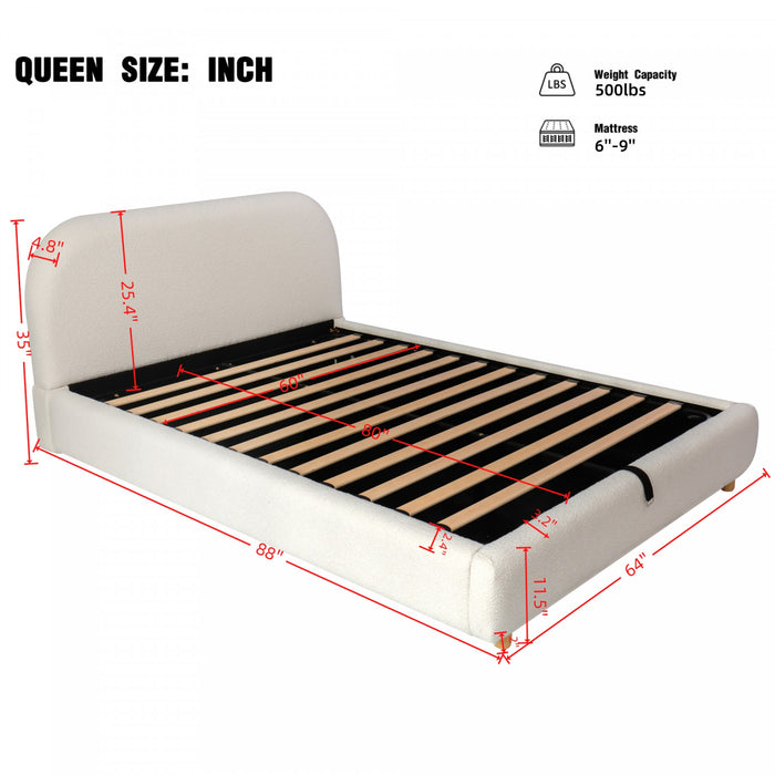 Laurel Ottoman Hydraulic Lift Storage Platform Bed with Boucle Upholstered and Hidden Under-White 