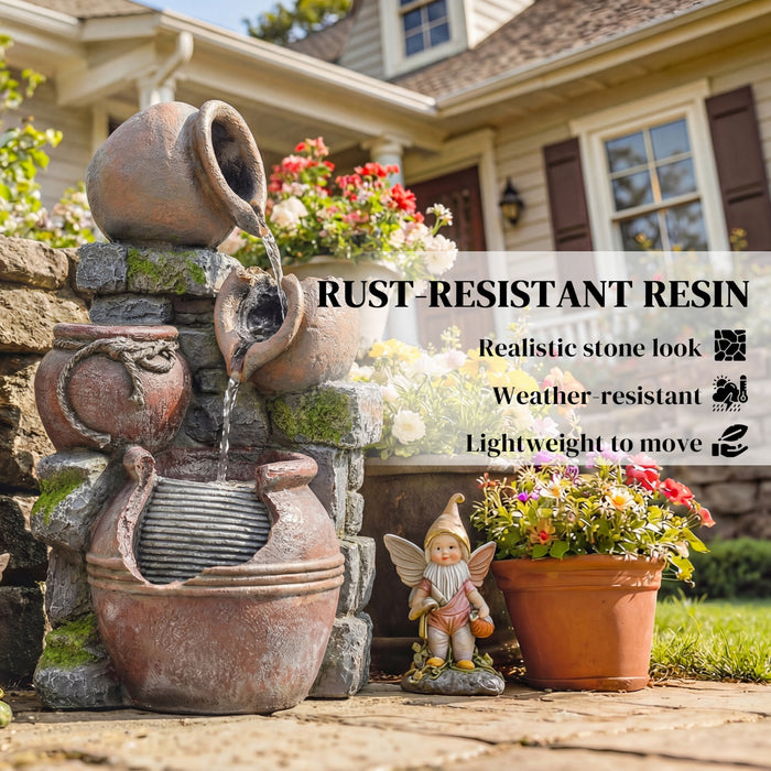 Outsunny Outdoor Fountain with LED Lights, Cascading Rock Waterfall