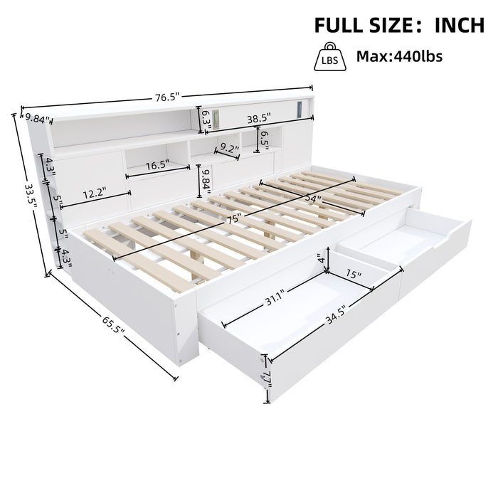 Liam Daybed with Storage Drawers and Built-in Shelves,Full Size,White