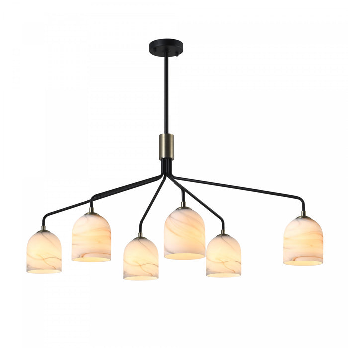 Crema 6 Light Chandelier, Black, Brushed Brass With Alabaster Style Glass
