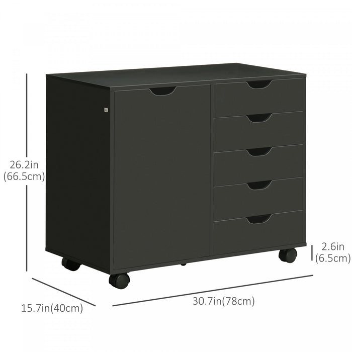 HOMCOM Modern Mobile 5-Drawer Chest with Door, Office Storage Cabinet Black