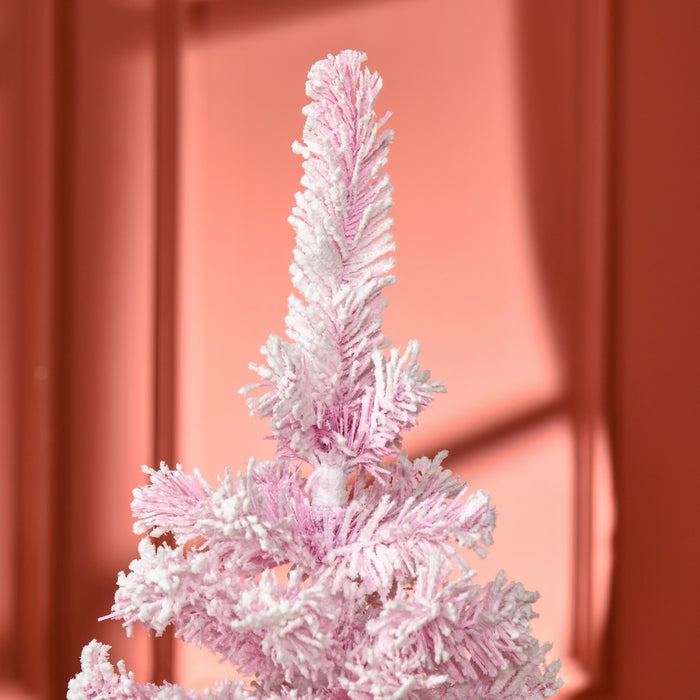 Homcom Snow Flocked Pencil Artificial Christmas Tree With Steel Base Pink