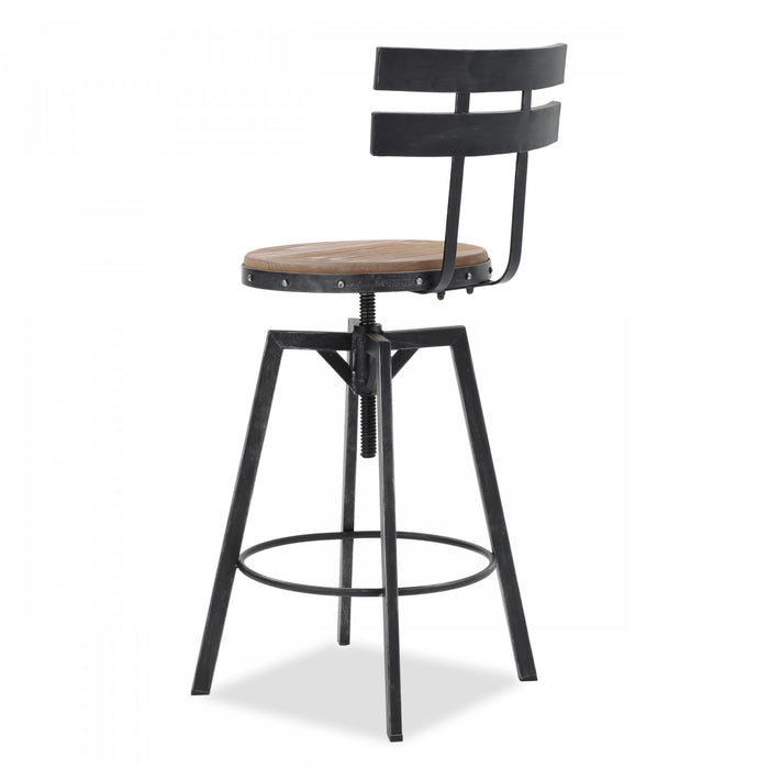 Denise Bar Stool With Swivel & Adjustable Wood Seat, Metal Frame - Antique Black