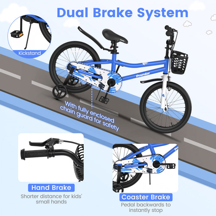 Costway 18\" Kid's Bike With Removable Training Wheels & Basket For 4-8 Years Old Blue