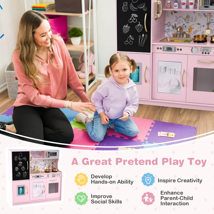 Costway Kid's Pretend Play Kitchen Toddler Kitchen Playset With Blackboard Light Pink
