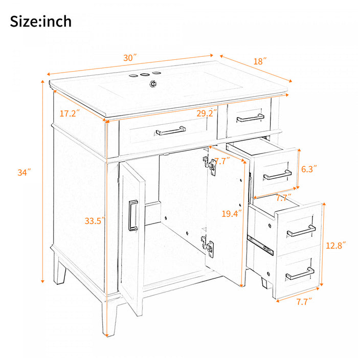 Savannah 30 Inch Bathroom Vanity with Ceramic Sink and Spacious Storage Cabinet, Light Green