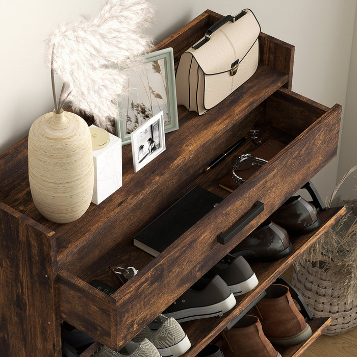 HOMCOM Narrow Shoe Cabinet with 2 Flip Doors and Top Drawer, Rustic Brown