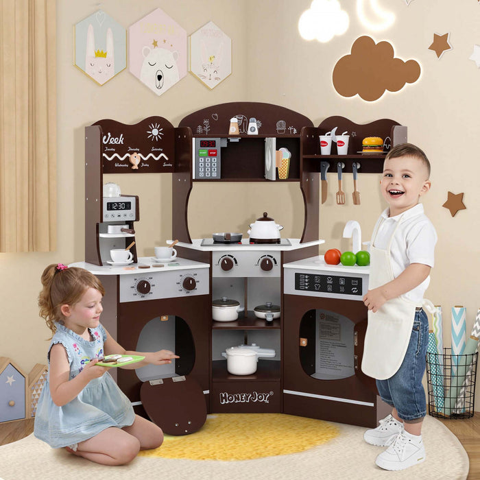 Honeyjoy Corner Kitchen Playset With Coffee Machine Oven Microwave Washing Machine Brown