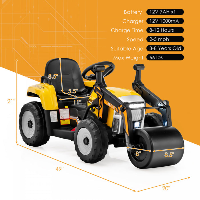 Costway Kids Ride On Road Roller 12v Electric Tractor Remote W/ Music & Led Light Yellow