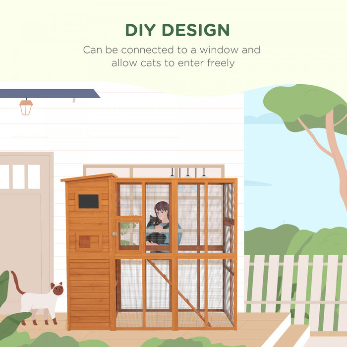Pawhut Large Catio Outdoor Cat Enclosure Weatherproof Cat House With Cat Condo, Indoor Wooden Cat Cage Pet Kennel, 77\"l X 38\"w X 69\"h