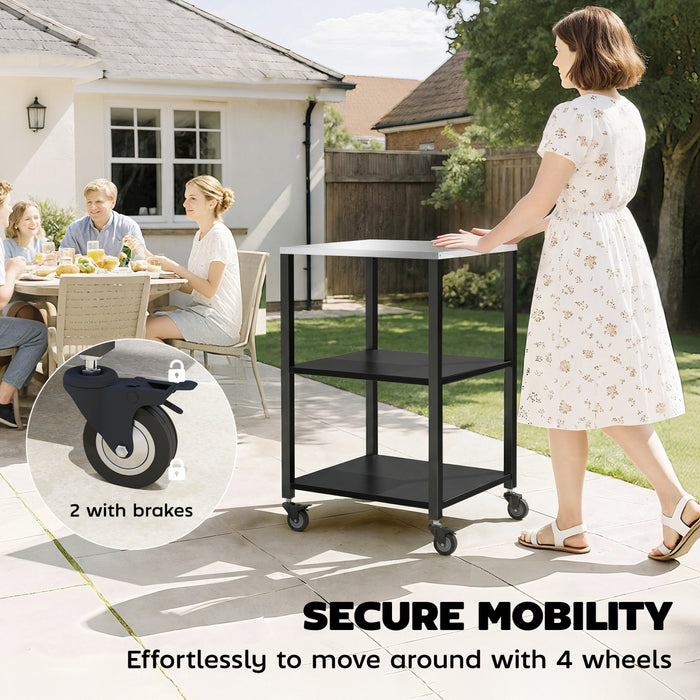 Outsunny Outdoor Grill Cart, Pizza Oven Stand with Stainless Steel Top, 3-Tier Rolling Kitchen Prep Station with Lockable Wheels, Black