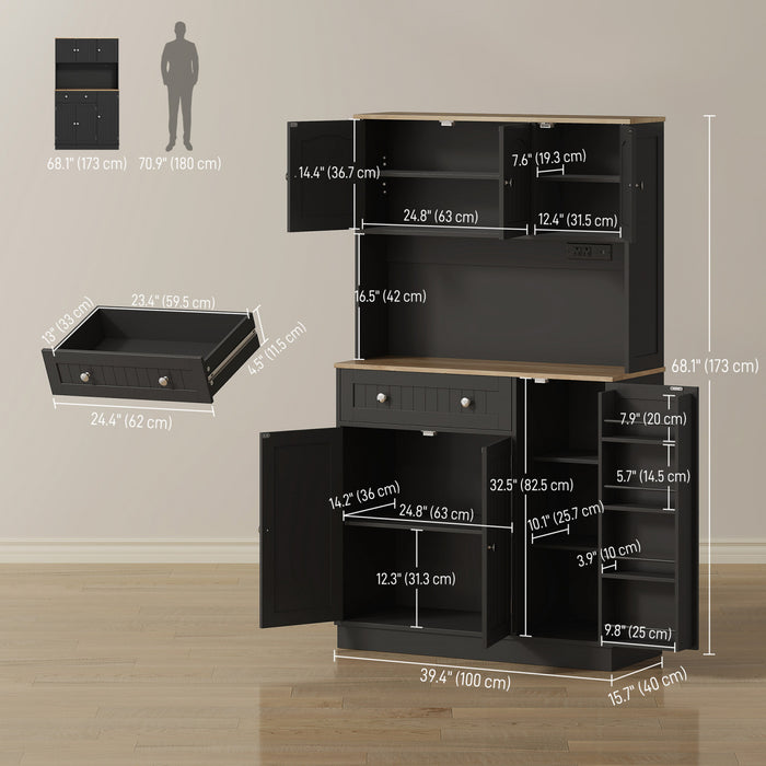 HOMCOM 68\" Pantry Cabinet, Kitchen Cupboard with Charging Station, Black