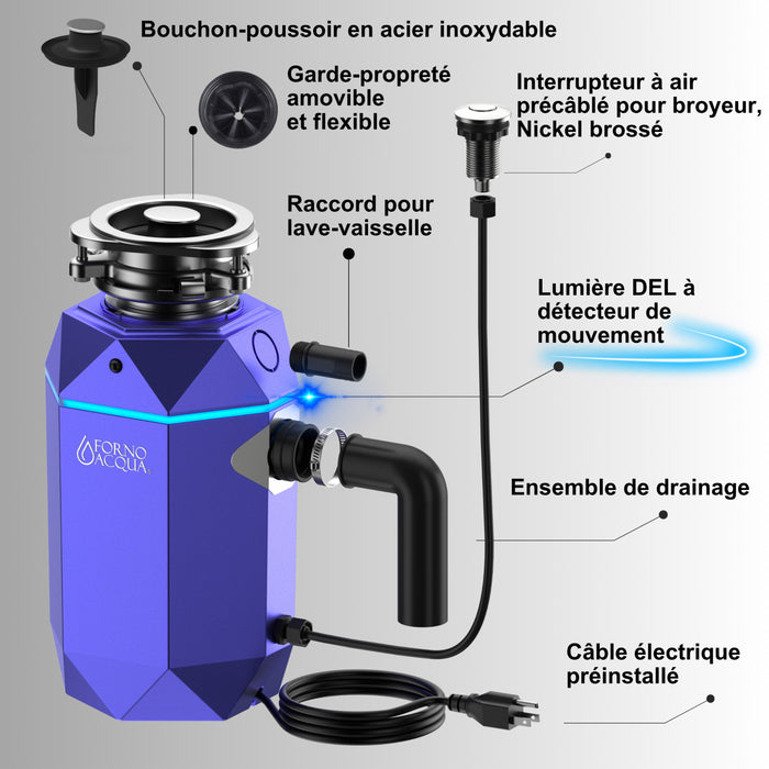 BrightDIAMOND 1HP Quietest Waste Disposer, LED Cabinet Light, Corded & Air Switch, Amethyst - WDD100TA1AM Food Disposer