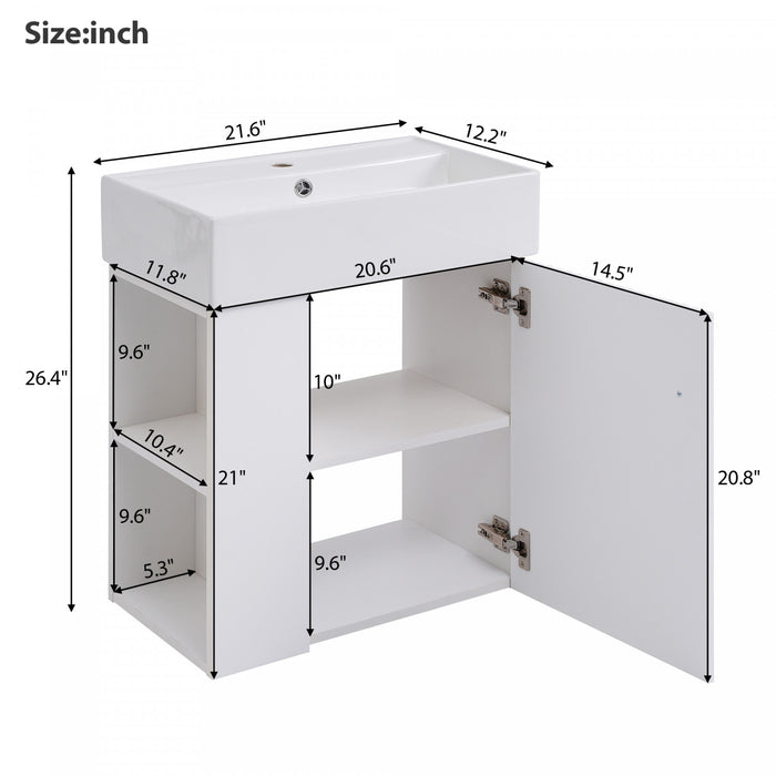 Rachel 21.6\" Floating Bathroom Vanity With Ceramic Basin, Soft-close Door, And Left Side Storage