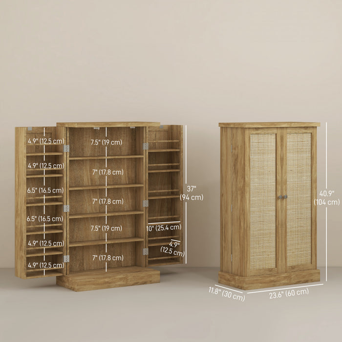 HOMCOM 41\" Rattan Kitchen Pantry Storage Cabinet with Spice Racks Natural