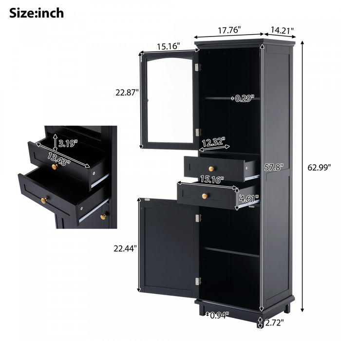 Jamie 63\" Pine Wood Tall Bathroom Storage Cabinet With Adjustable Shelves And Glass Doors - Green