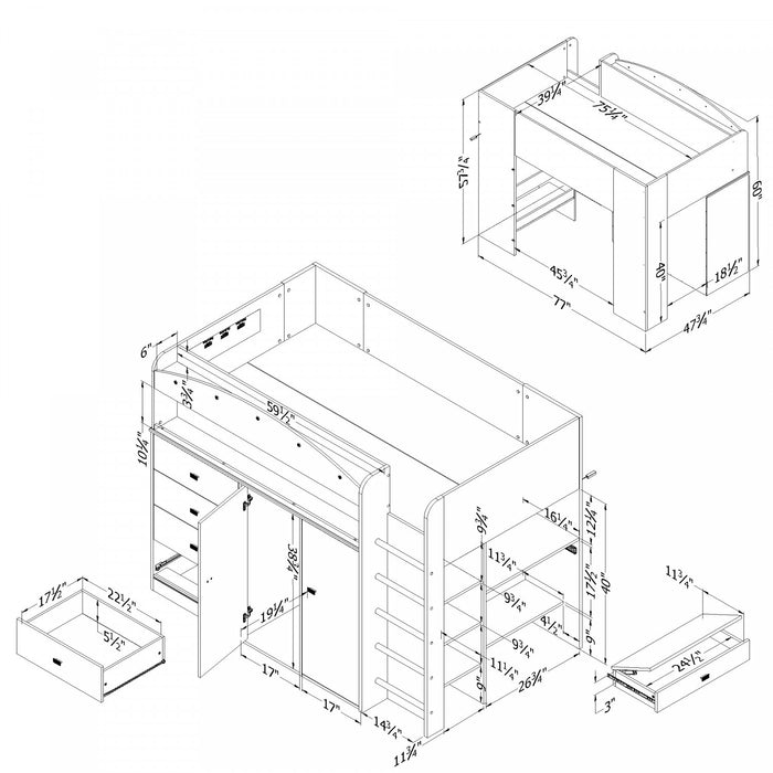 Tiara Loft Bed With Desk - Pure White 