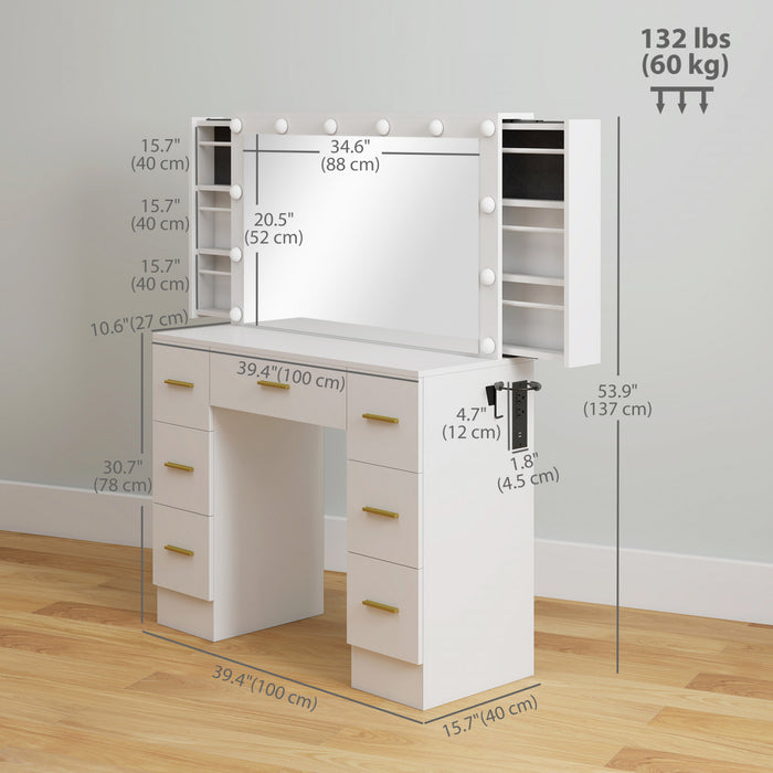 HOMCOM Makeup Vanity Desk, Dressing Table with Mirror and Lights, White