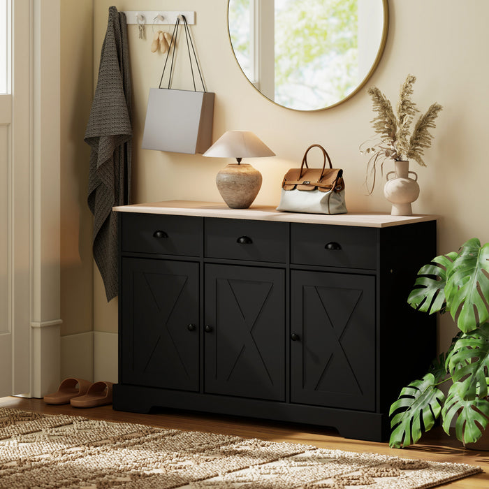 HOMCOM 46.5\" Sideboard Buffet Cabinet with 3 Barn Doors and 3 Drawers Black