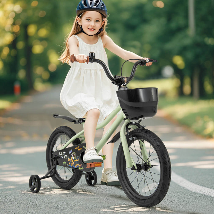 Costway 16\" Kid's Bike With Training Wheels Adjustable Handlebar & Seat Handbrake Green