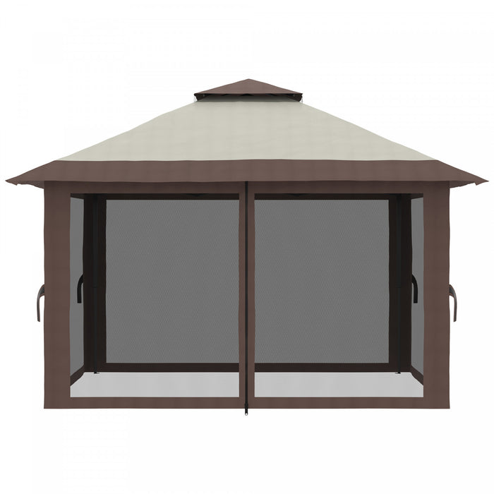 Outsunny 13' X 13' Pop Up Canopy With Mesh Sidewalls, Easy Up Canopy Tent Shelter With 2-tier Roof, Wheeled Carry Bag, Water/sand Bag For Garden, Backyard, Patio, Lawn, Beige