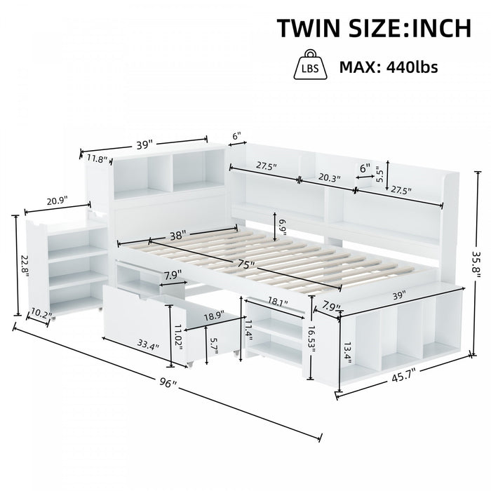 Ethan Multifunctional Daybed with Integrated Storage with Drawers and Bookcase,Twin Size,White Twin Bed