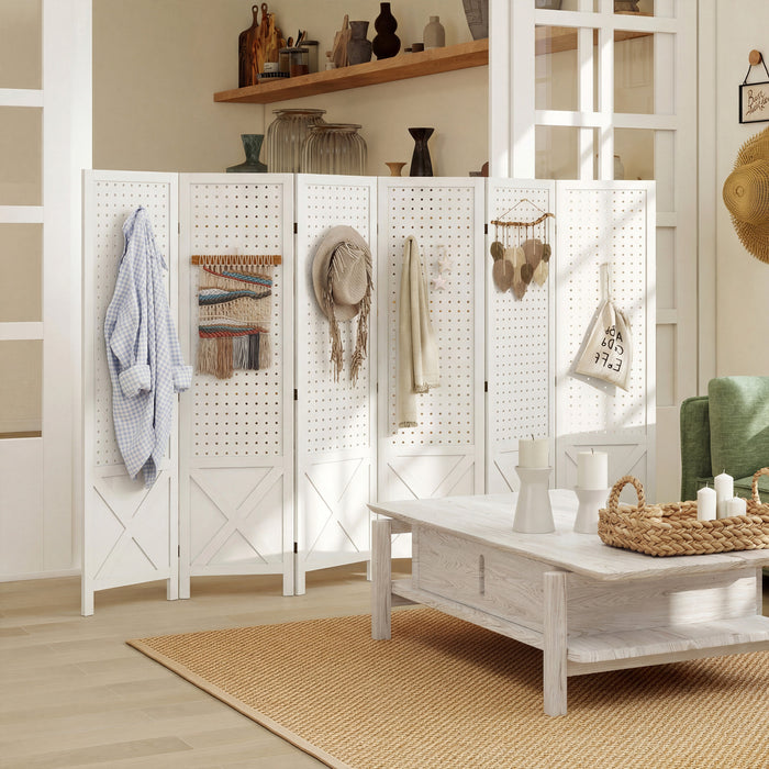 HOMCOM 56.9\" 6 Panel Room Divider with Pegboard Display for Indoor White