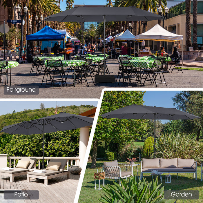 Costway 15FT Double-Sided Twin Patio Umbrella Sun Shade Outdoor Crank Market Base Grey