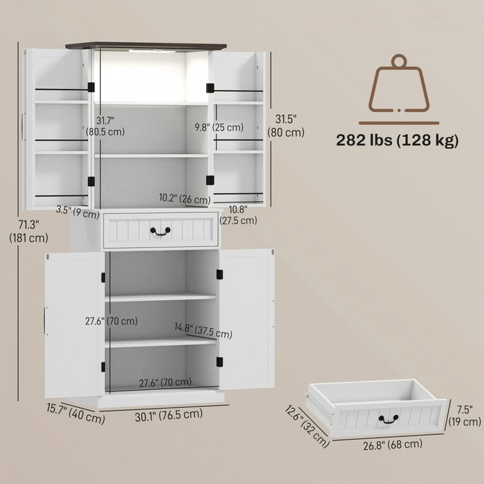 HOMCOM Farmhouse Kitchen Pantry Cabinet with Light, Storage Cabinet, White