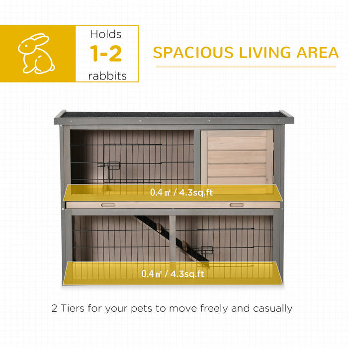 Pawhut 2-tier Wooden Rabbit Hutch Backyard Bunny Cage Habitat Small Animal House W/ Ramp, Slide Out Tray And Outdoor Run, Grey